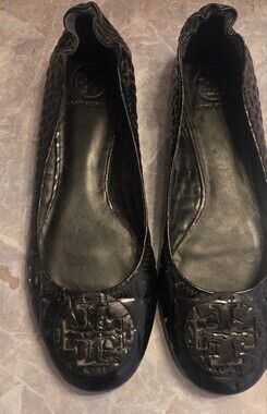Tory Burch Black Patent Logo Croc Print Ballet Flats
